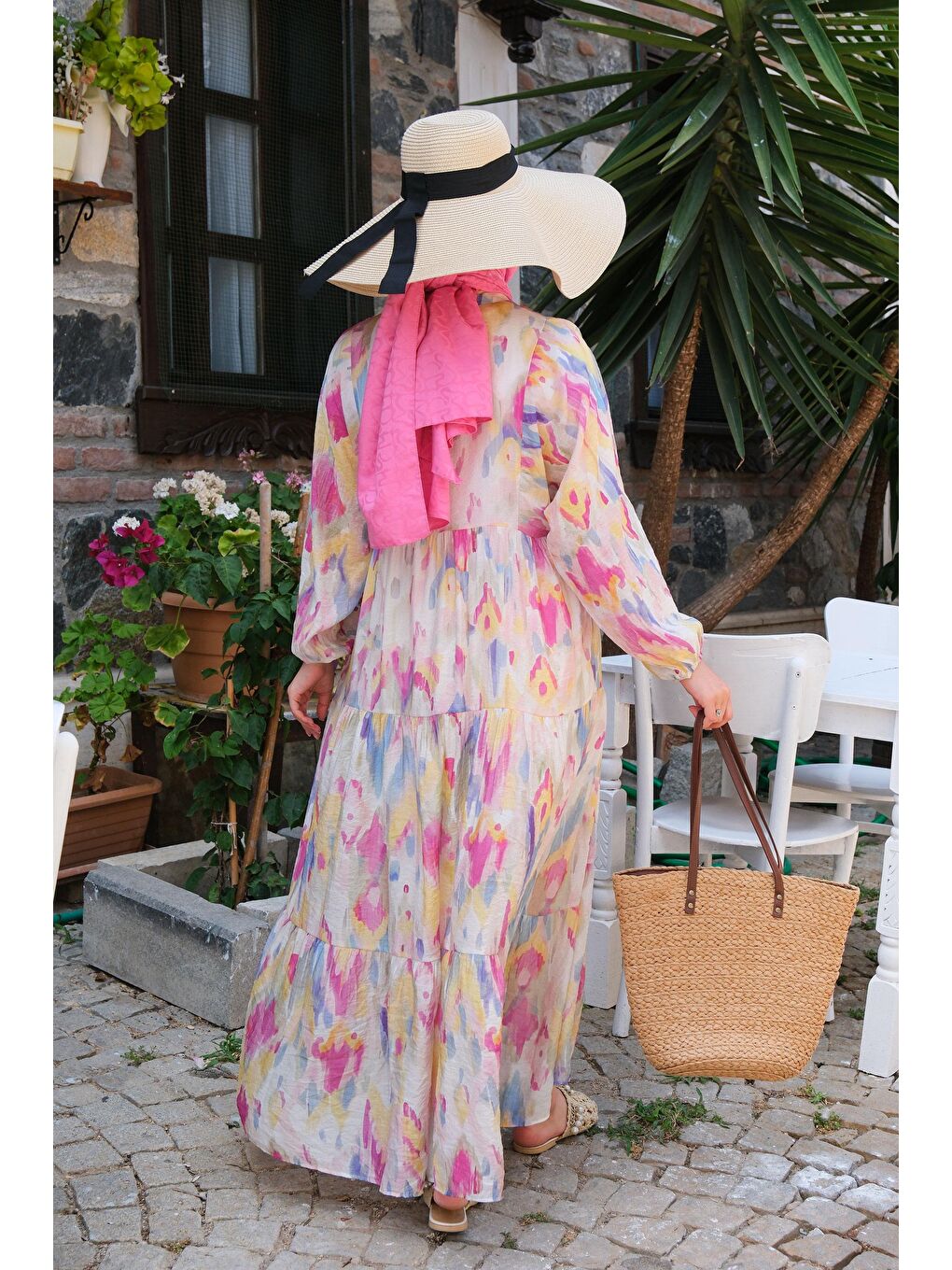 Sulu Boya Desen Elbise Fuşya-2