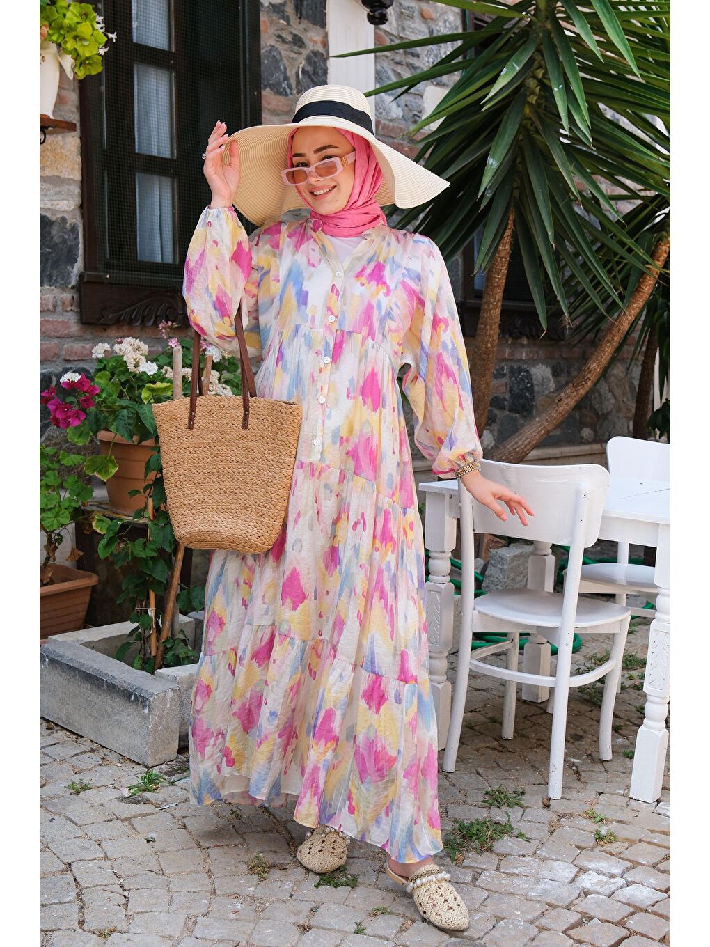 Sulu Boya Desen Elbise Fuşya-3