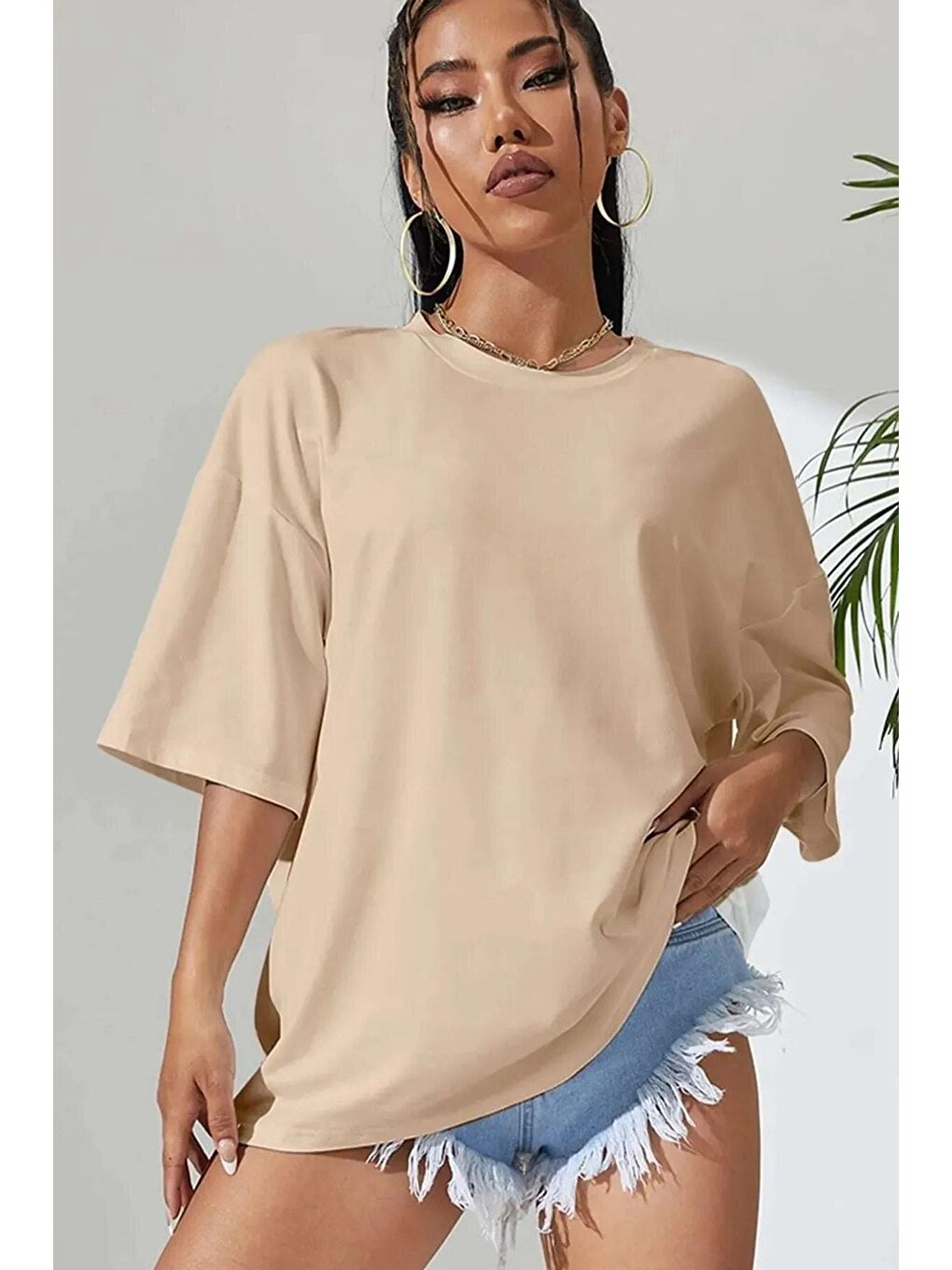 Kadın Bej Love Yourself Baskılı Oversize T-shirt-2