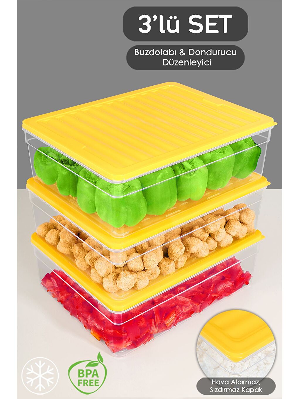 3'lü Derin Buzdolabı Organizer Set 5300 ml Sarı