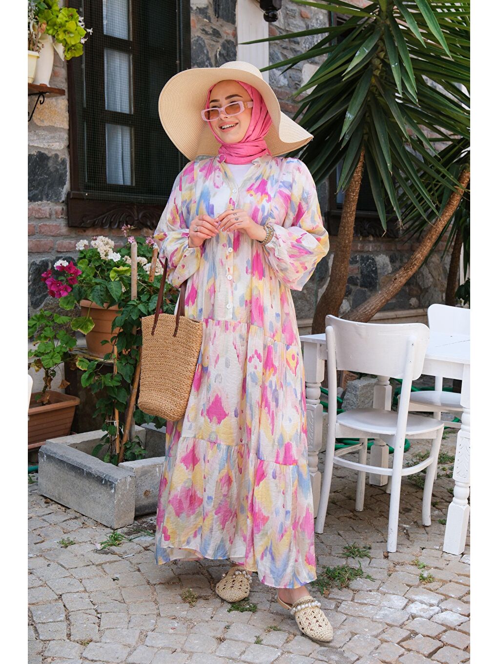 Sulu Boya Desen Elbise Fuşya-4