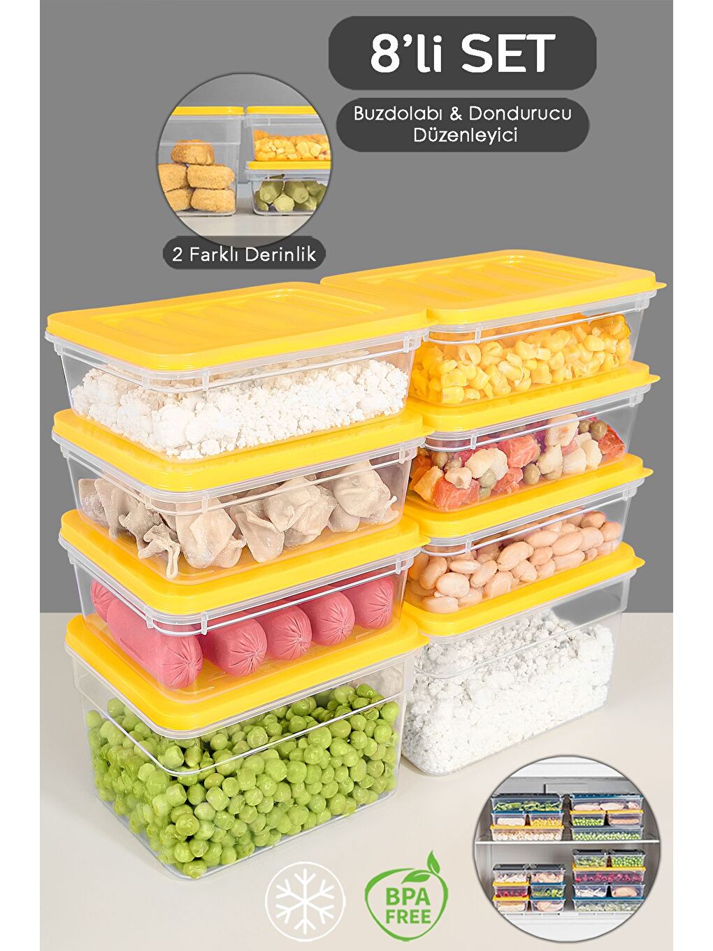 8 li Buzdolabı Organizer Set Düzenleyici Saklama Kabı Derin ve Sığ Difriz Kabı S Sarı