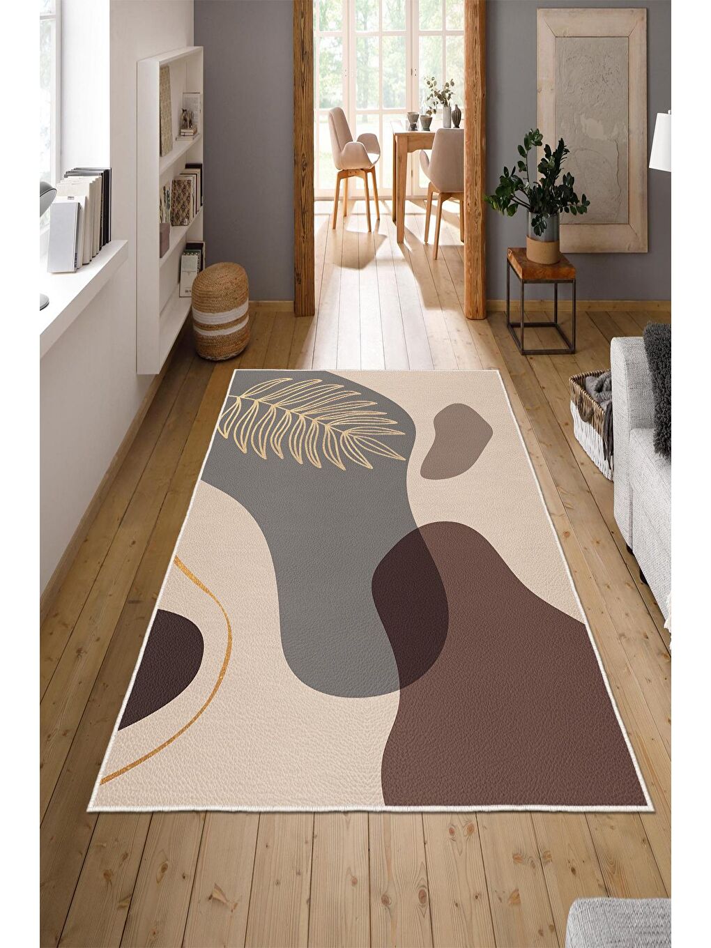 Bej Özel Tasarım, Kaymaz Taban, İnce, Yıkanabilir, Modern Halı WOOKECE1464 80x150-1