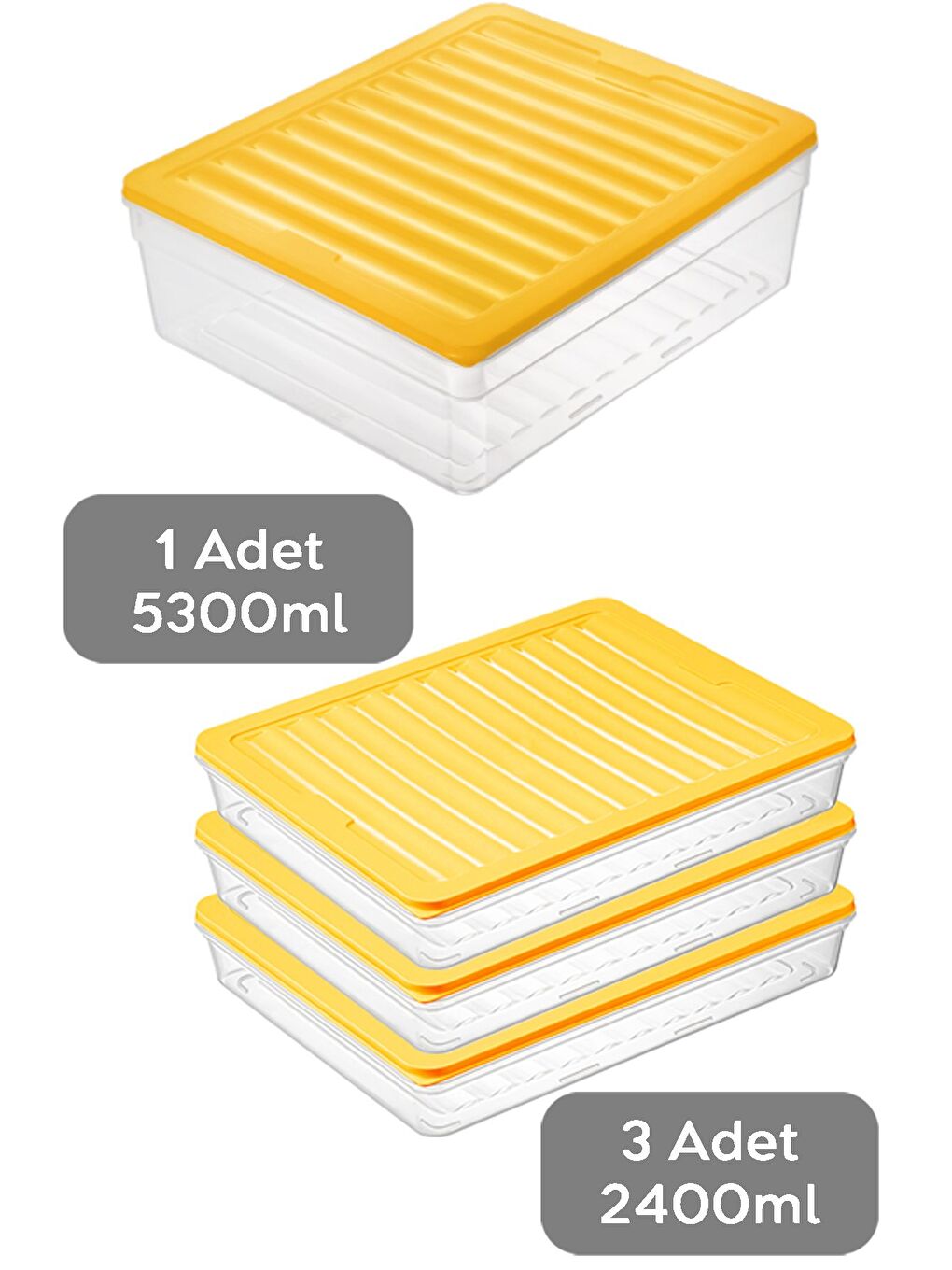 4'lü Buzdolabı Organizer Set Düzenleyici Saklama Kabı Derin ve Sığ Mikrodalga Difriz Kabı xL Sarı-1