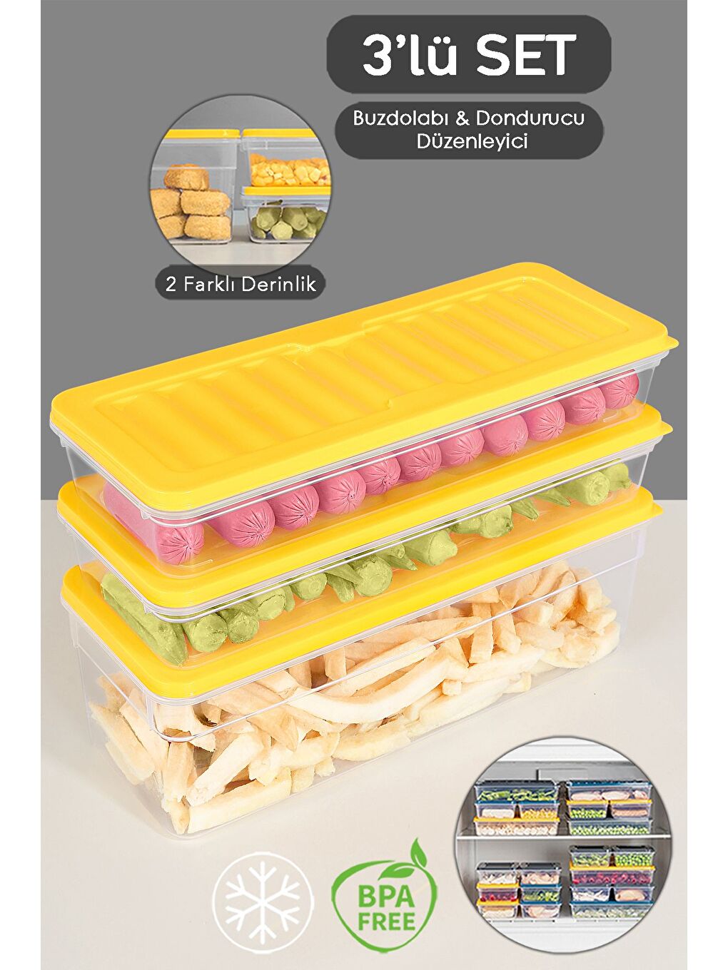 3'lü Buzdolabı Organizer Set Düzenleyici Saklama Kabı Derin ve Sığ Mikrodalga Difriz Kabı L Sarı
