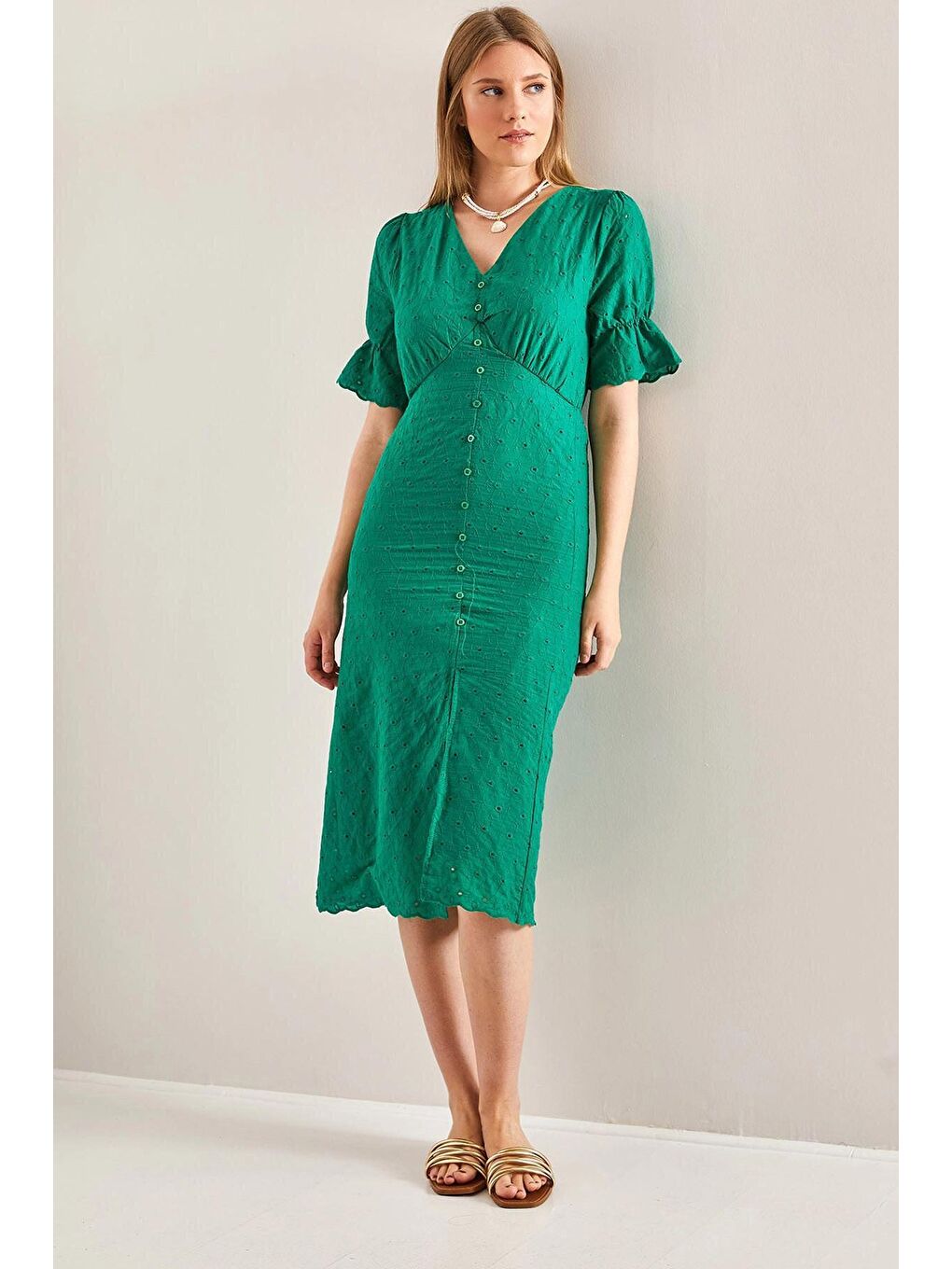 Yeşil Kadın Önden Düğmeli Fisto Elbise