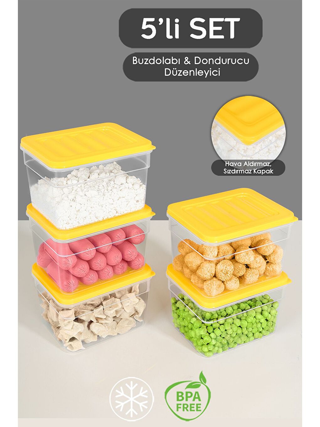 5'li Derin Mikrodalga Uyu mlu Organizer Set Düzenleyici Gıda Erzak Saklama Kabı 1100 ml Sarı