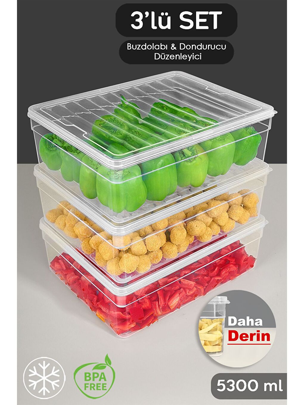 Renksiz 3'lü Derin Mikrodalga Uyu mlu Erzak Gıda Saklama Kabı Şeffaf Kapak Düzenleyici Organizer Set 5300 ml