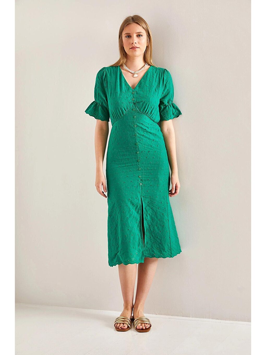 Yeşil Kadın Önden Düğmeli Fisto Elbise-1