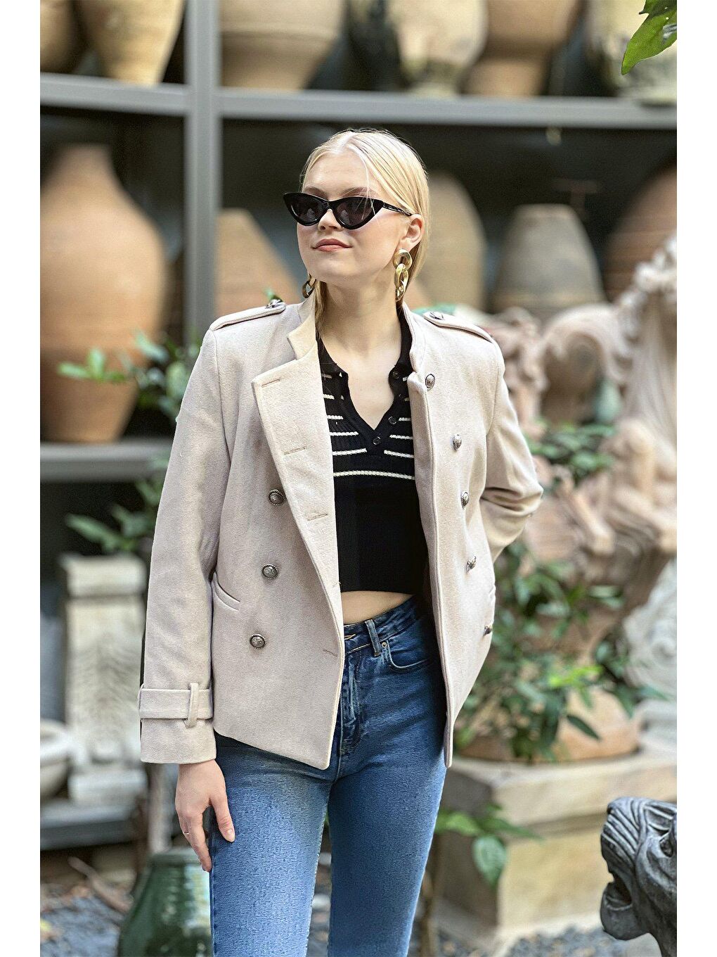 Bej Komutan Hakim Yaka Düğmeli Kaban-2