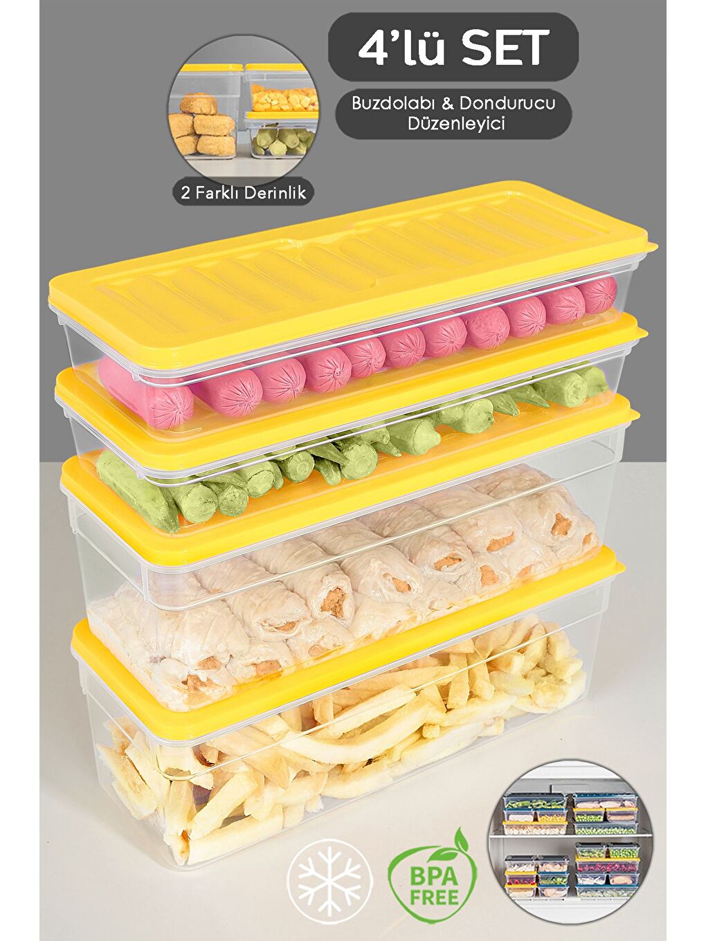 4'lü Buzdolabı Düzenleyici Organizer Set Saklama Kabı Derin ve Sığ Mikrodalga Difriz Kabı L Sarı