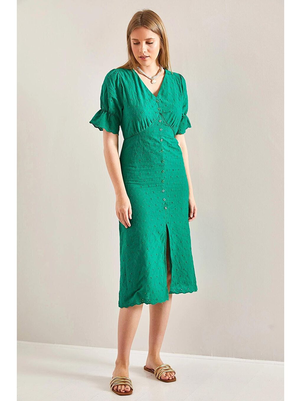 Yeşil Kadın Önden Düğmeli Fisto Elbise-2