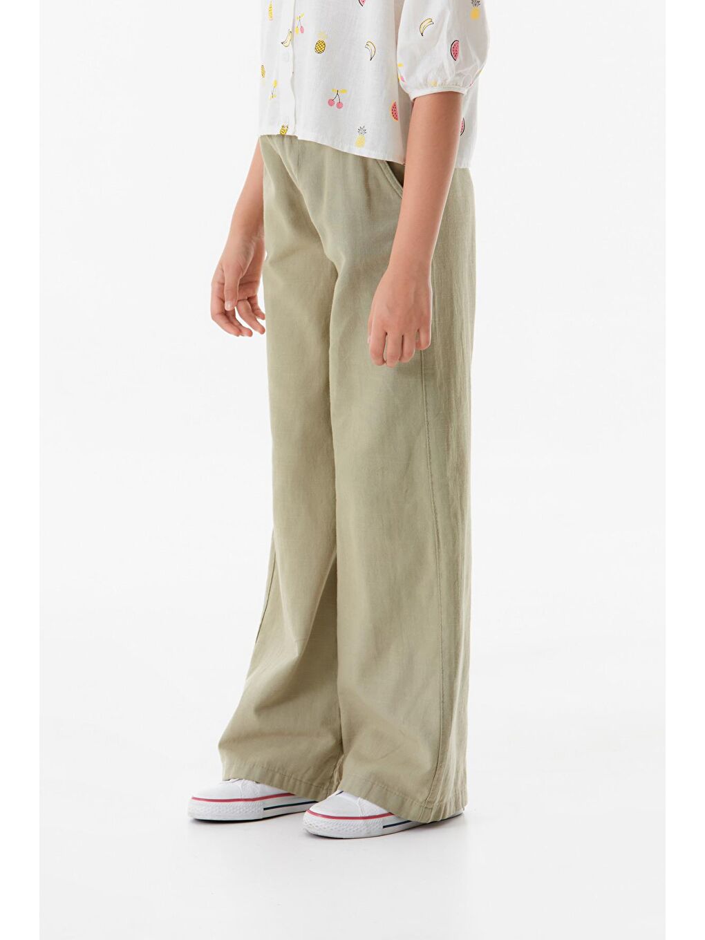 Haki Beli Lastikli Cepli Keten Kız Çocuk Pantolon-1