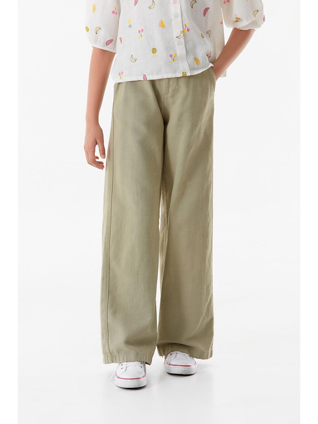 Haki Beli Lastikli Cepli Keten Kız Çocuk Pantolon-3