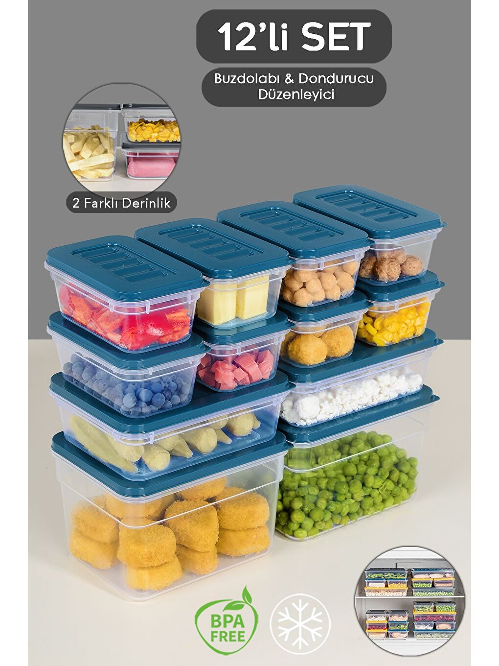 12'li Buzdolabı Organizer Set Düzenleyici Saklama Kabı Derin ve Sığ Mikrodalga Difriz Kabı Mavi