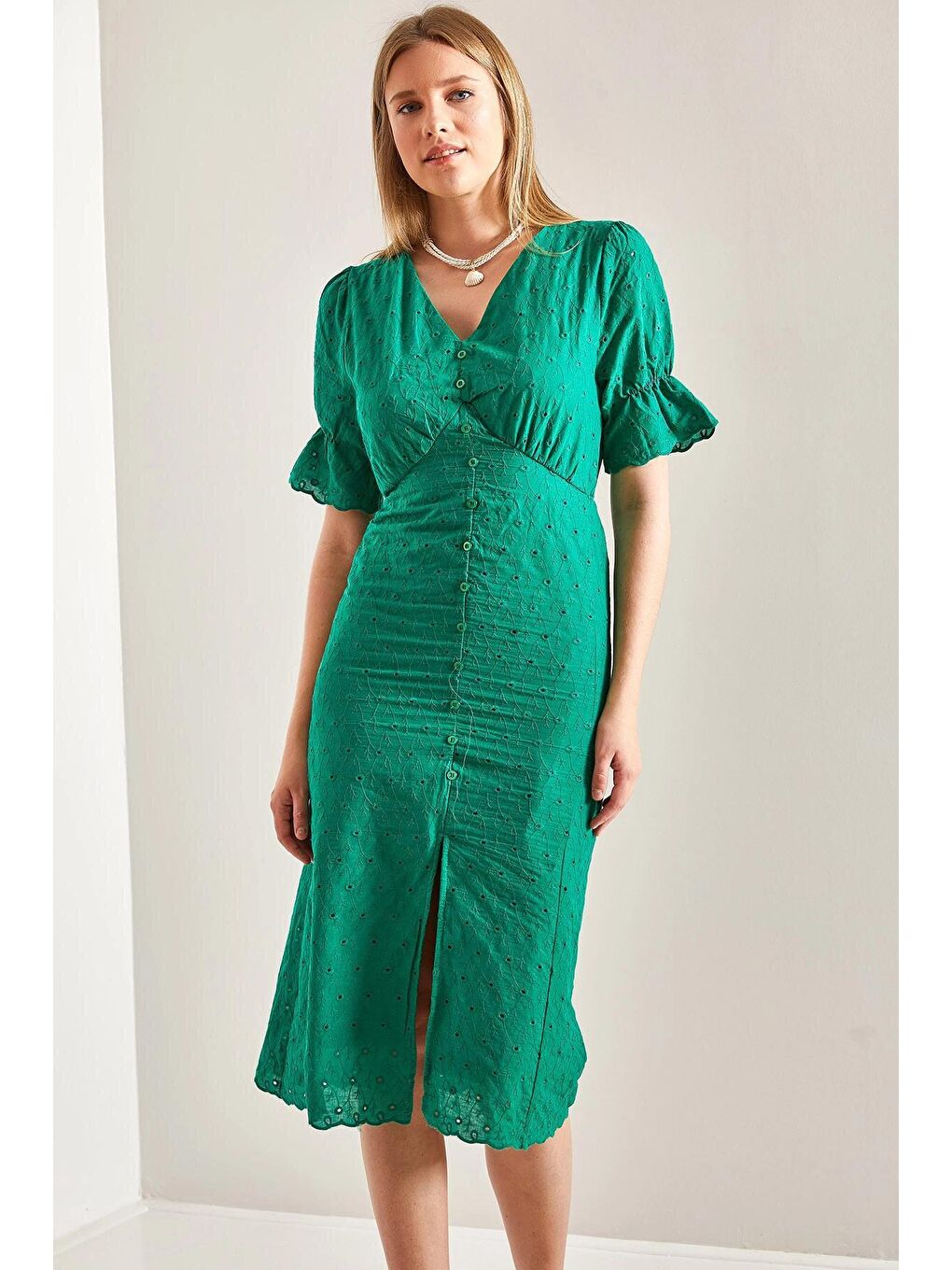 Yeşil Kadın Önden Düğmeli Fisto Elbise-3