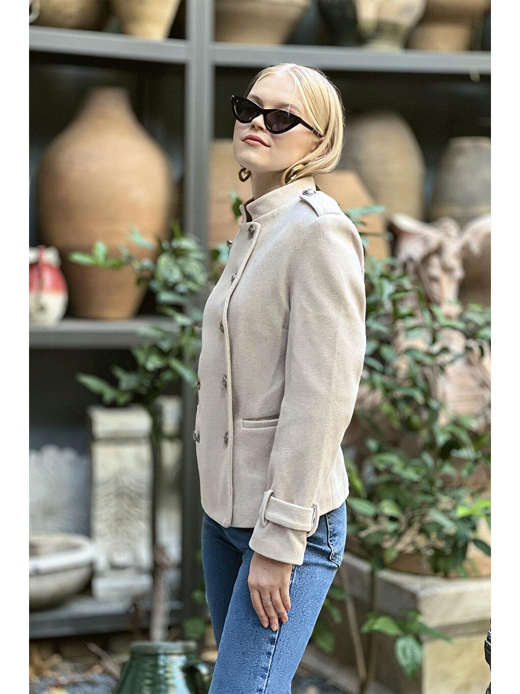 Bej Komutan Hakim Yaka Düğmeli Kaban-4