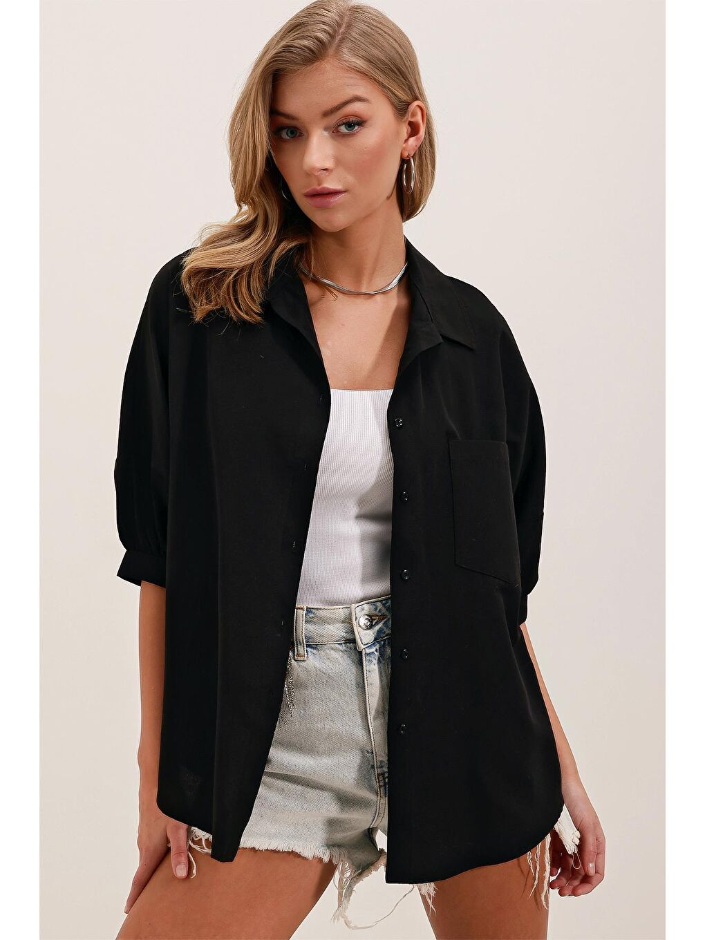20213 Oversize Kısa Kol Basic Gömlek - Siyah