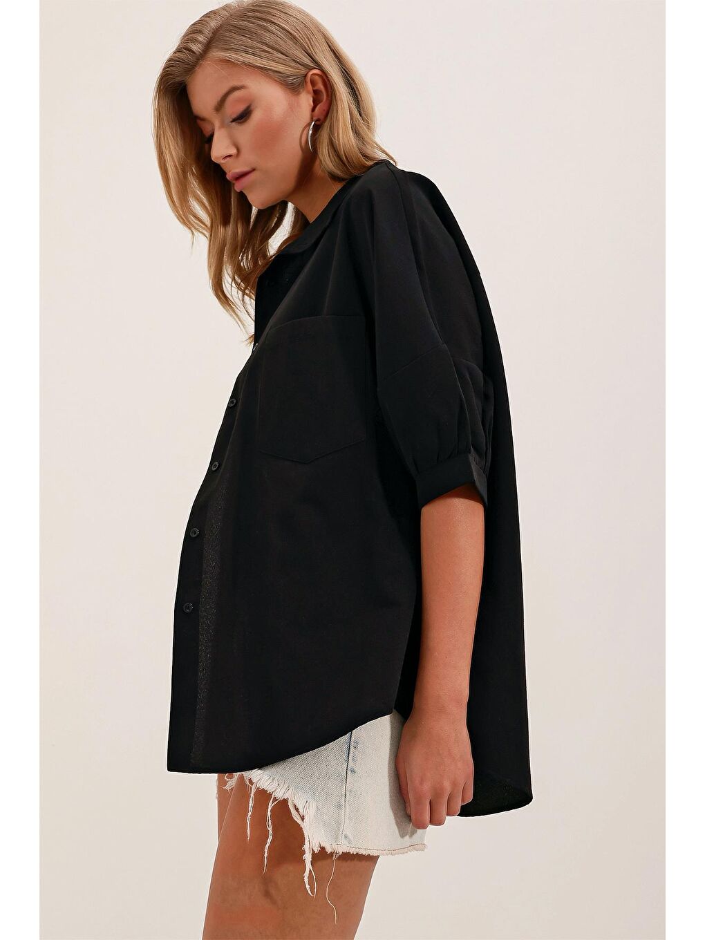 20213 Oversize Kısa Kol Basic Gömlek - Siyah-1