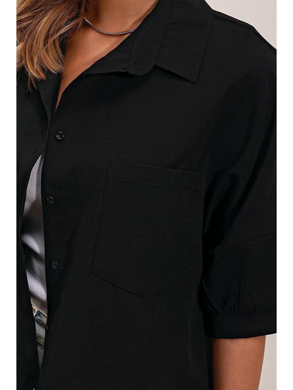 20213 Oversize Kısa Kol Basic Gömlek - Siyah-2