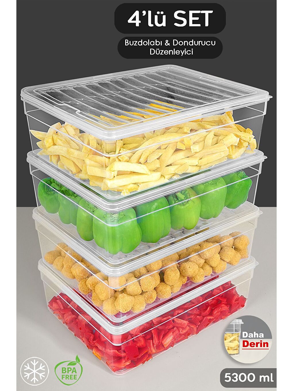Renksiz 4'lü Derin Mikrodalga Uyu mlu Erzak Gıda Saklama Kabı Şeffaf Kapak Düzenleyici Organizer Set 5300 ml
