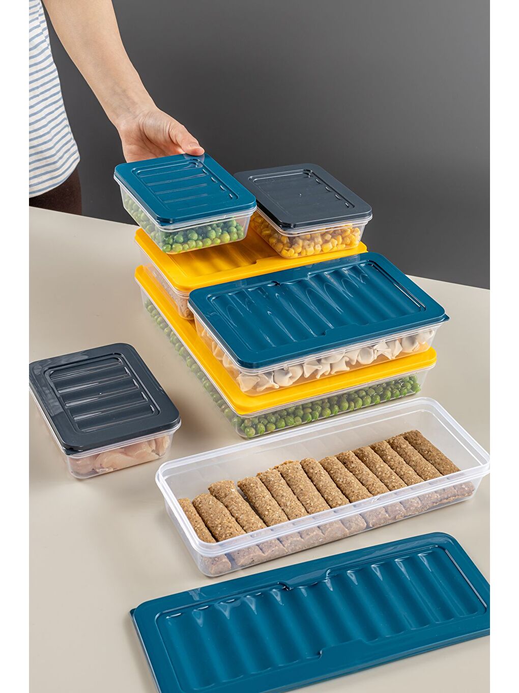 Renksiz 4'lü Derin Mikrodalga Uyu mlu Erzak Gıda Saklama Kabı Şeffaf Kapak Düzenleyici Organizer Set 5300 ml-5