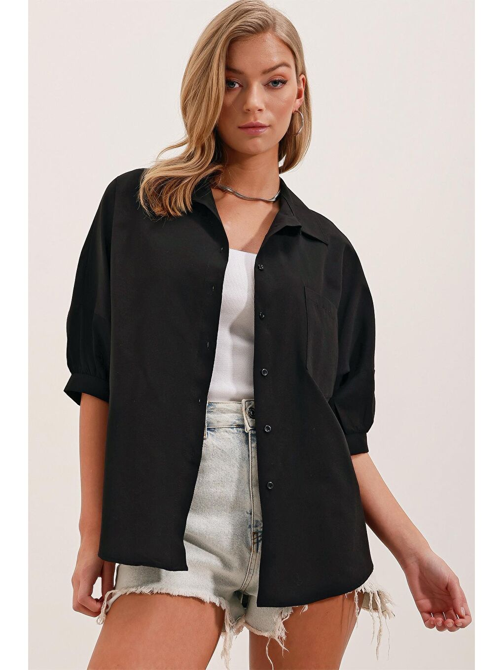 20213 Oversize Kısa Kol Basic Gömlek - Siyah-3