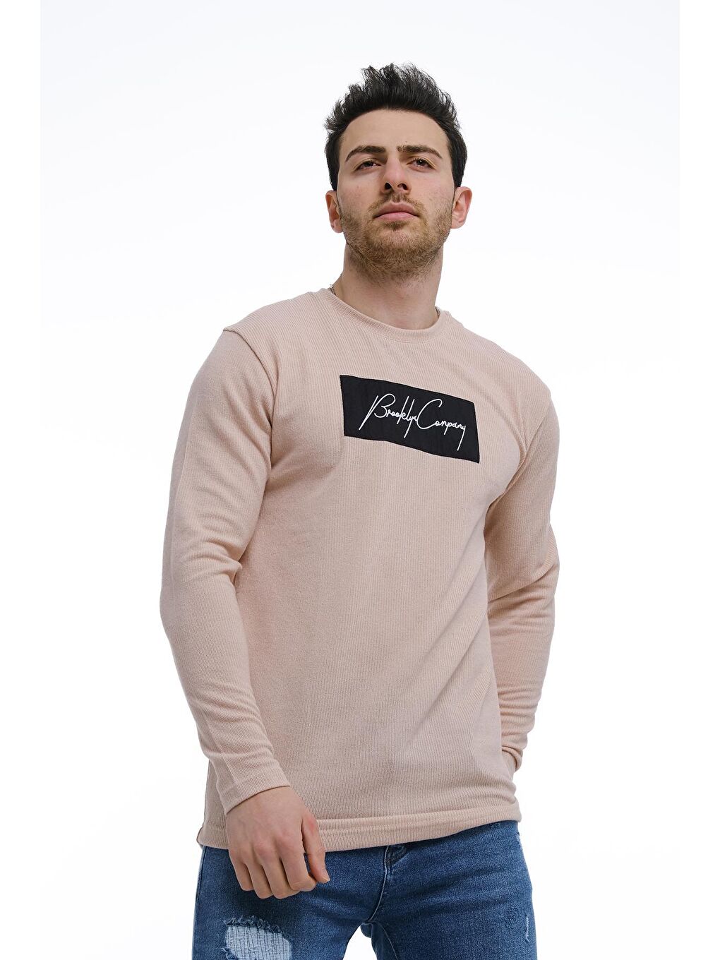 Pembe Slim Fit Nakışlı Bisiklet Yaka Erkek Triko Kazak