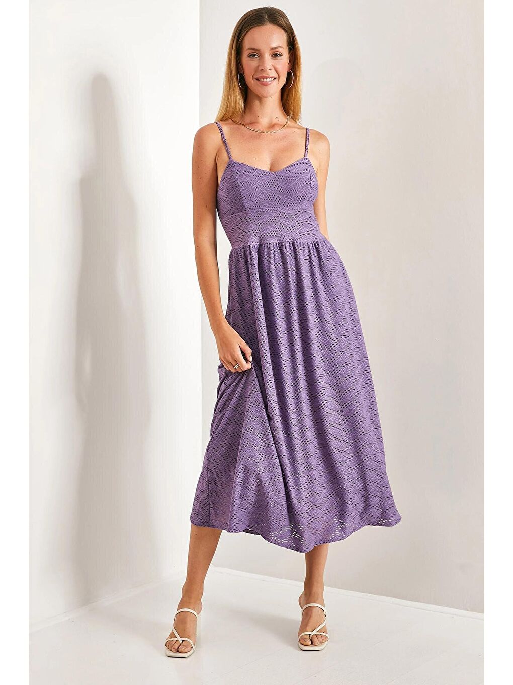 Lila Kadın İp Askılı Brode Kumaş Astarlı Örme Elbise