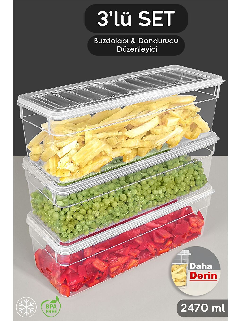 Renksiz 3'lü Derin Mikrodalga Uyu mlu Erzak Gıda Saklama Kabı Şeffaf Kapak Düzenleyici Organizer Set 2470 ml