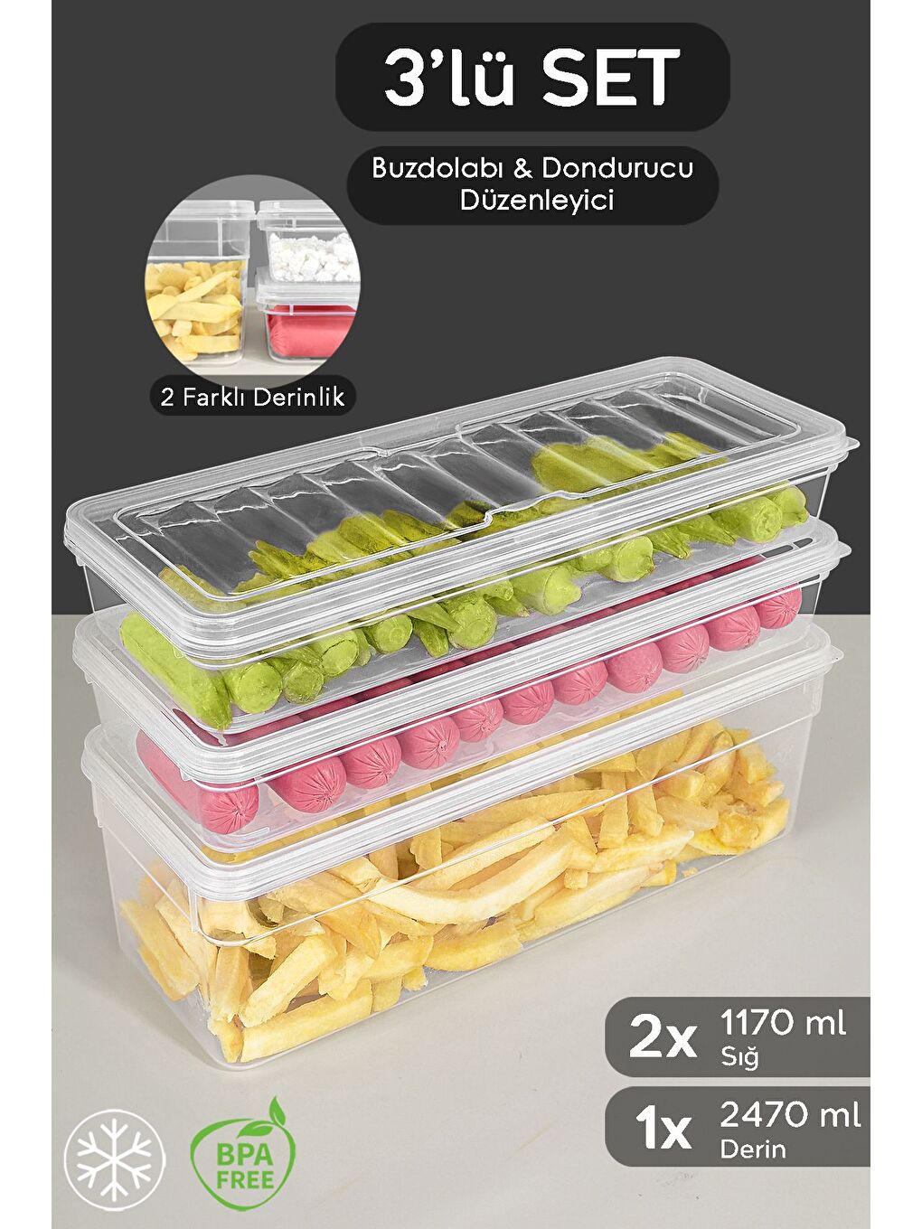 Renksiz 3'lü Derin ve Sığ Seti Şeffaf Kapaklı Düzenleyici Organizer L