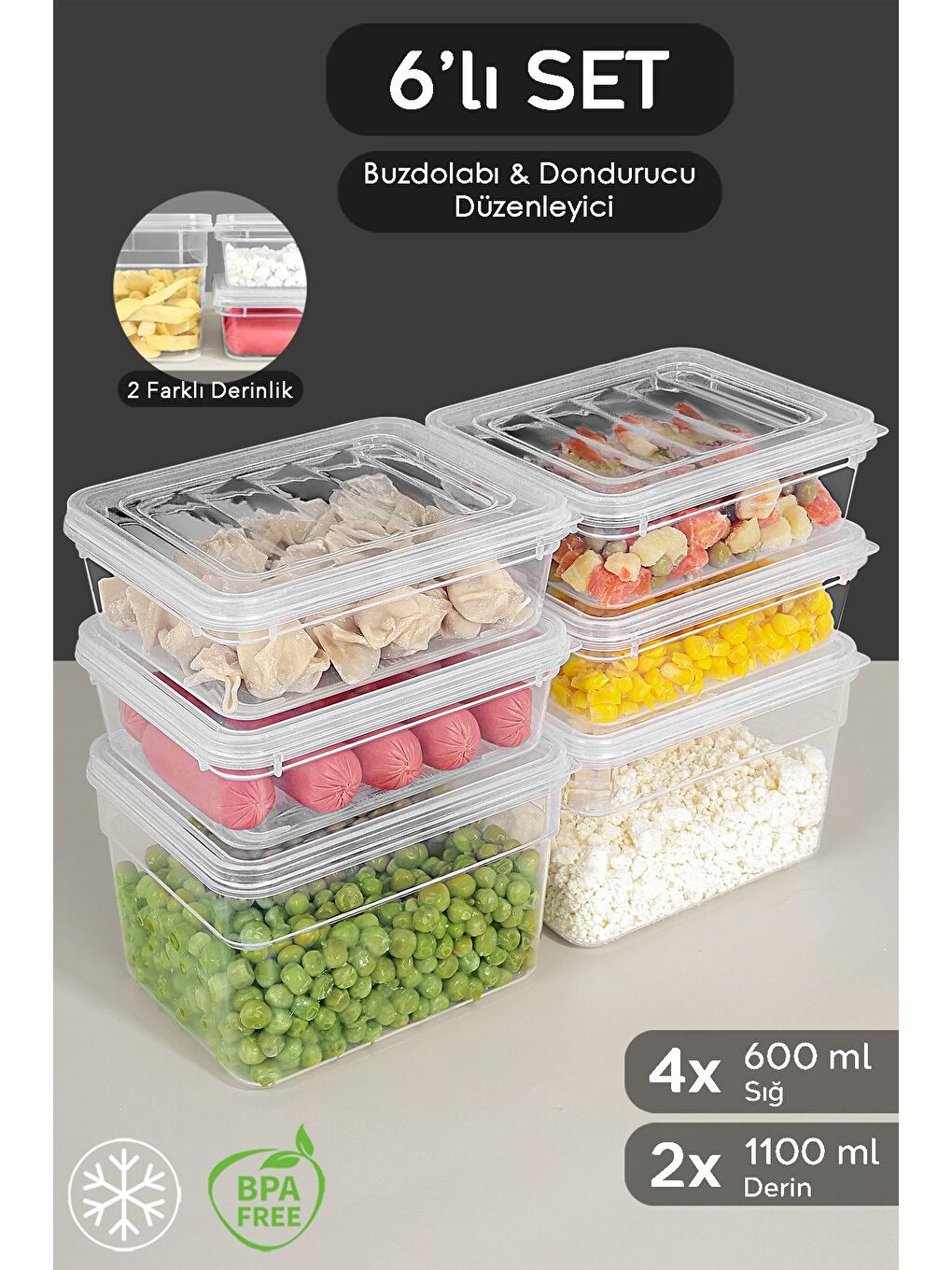 Renksiz 6'lı Derin ve Sığ Erzak Saklama Kabı Seti Şeffaf Kapaklı Mikrodalga Uyu mlu Organizer Düzenleyici S