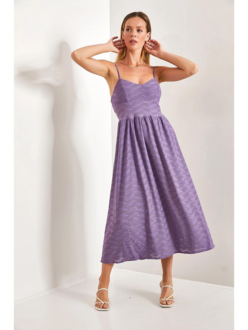 Lila Kadın İp Askılı Brode Kumaş Astarlı Örme Elbise-1