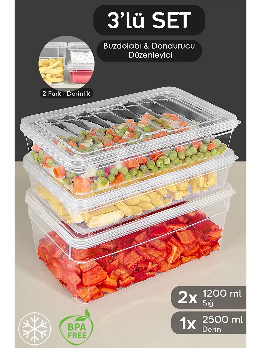 Renksiz 3'lü Derin ve Sığ Erzak Saklama Kabı Seti Şeffaf Kapaklı Mikrodalga Uyu mlu Düzenleyici Organizer M