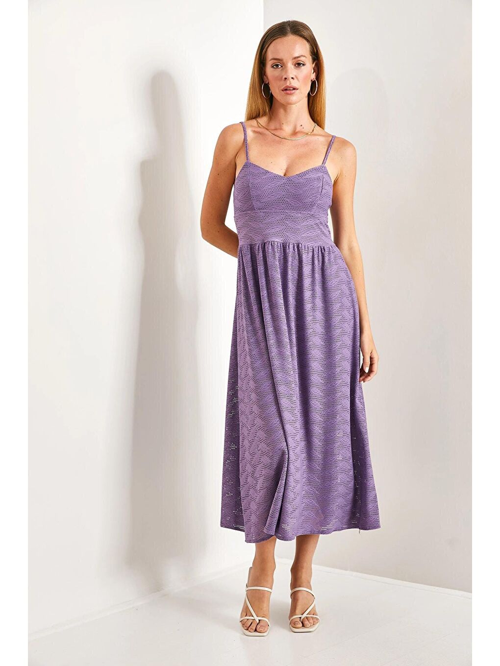 Lila Kadın İp Askılı Brode Kumaş Astarlı Örme Elbise-3