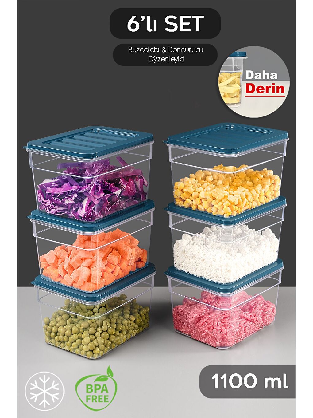 6'lı Derin Mikrodalga Uyu mlu Organizer Set Düzenleyici Gıda Erzak Saklama Kabı 1100 ml Mavi