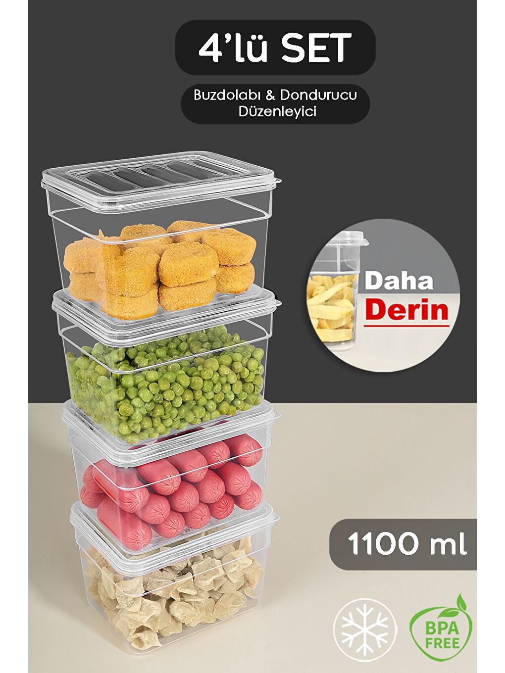 Renksiz 4'lü Derin Mikrodalga Uyu mlu Erzak Gıda Saklama Kabı Şeffaf Kapak Düzenleyici Organizer Set 1100 ml