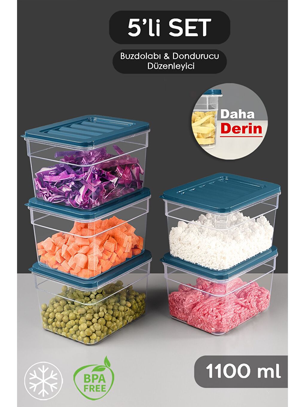 5'li Derin Buzdolabı Organizer Set 1100 ml Mavi