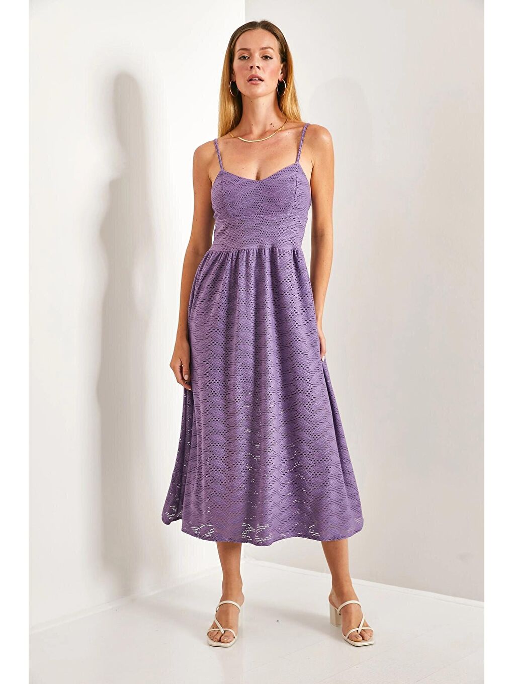 Lila Kadın İp Askılı Brode Kumaş Astarlı Örme Elbise-4