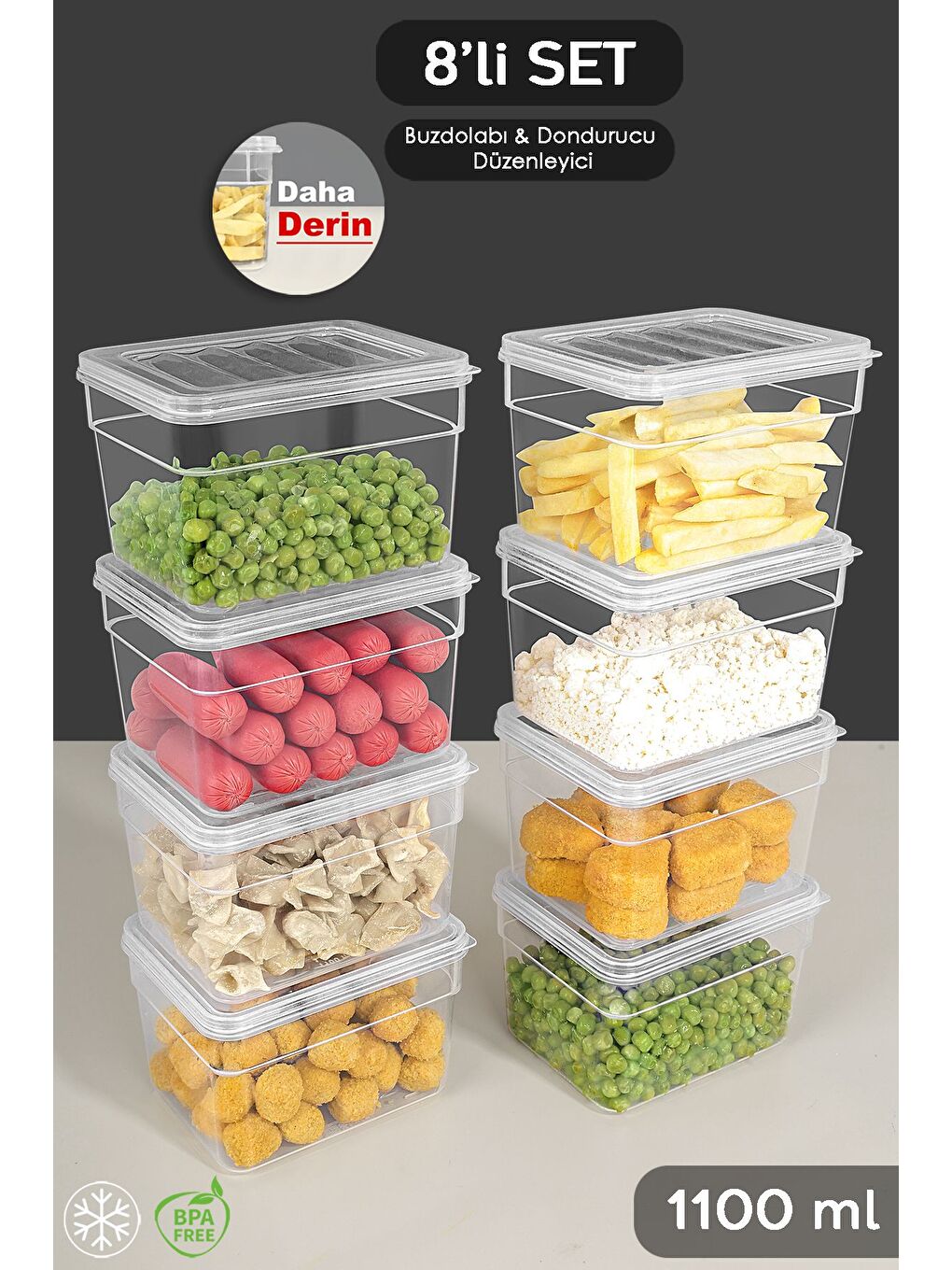 Renksiz 8 li Derin Mikrodalga Uyu mlu Erzak Gıda Saklama Kabı Şeffaf Kapak Düzenleyici Organizer Set 1100 ml