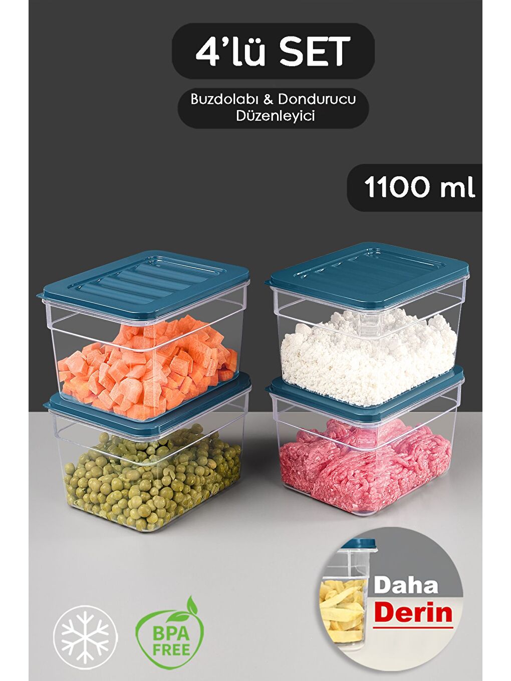 4'lü Derin Buzdolabı Organizer Set 1100 ml Mavi