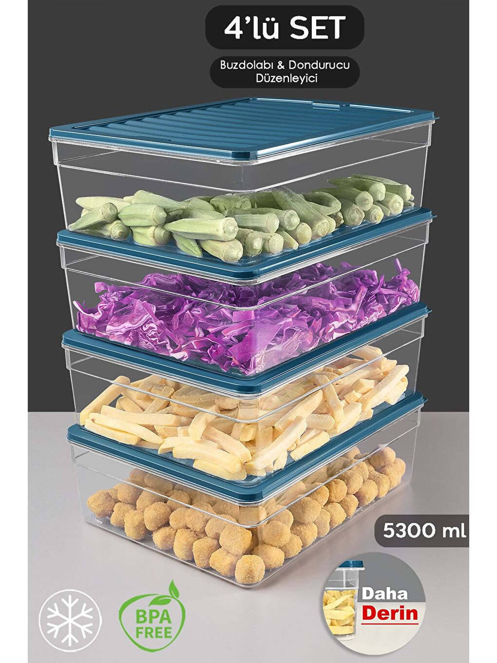 4'lü Derin Buzdolabı Organizer Set 5300 ml Mavi