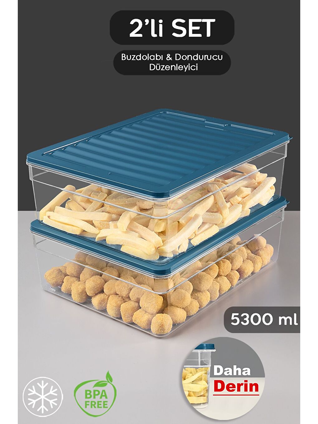 2'li Derin Mikrodalga Uyu mlu Organizer Set Düzenleyici Gıda Erzak Saklama Kabı 5300 ml Mavi