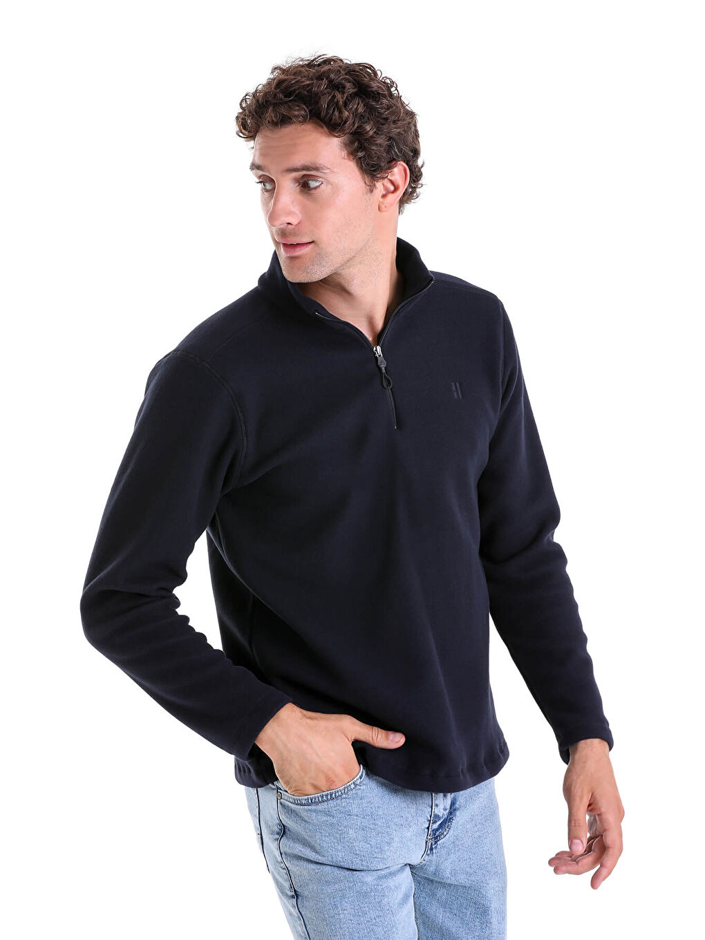 Hatemoğlu Lacivert Regular Fit Düz Yarım Fermuarlı Bato Yaka Polar Sweatshirt - 1