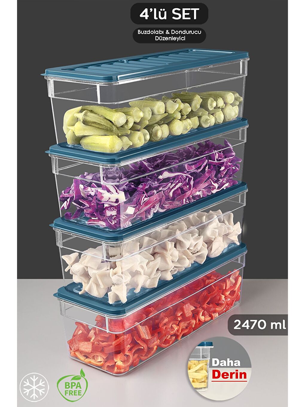 4'lü Derin Mikrodalga Uyu mlu Organizer Set Düzenleyici Gıda Erzak Saklama Kabı 2470 ml Mavi