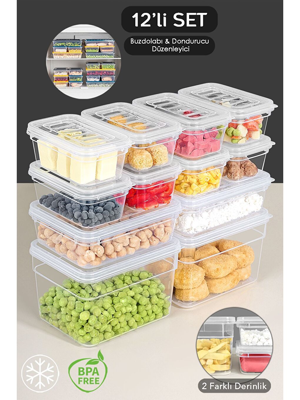 Renksiz 12 Parça Derin ve Sığ Erzak Saklama Kabı Seti Şeffaf Kapak Mikrodalga Uyu mlu Organizer Düzenleyici