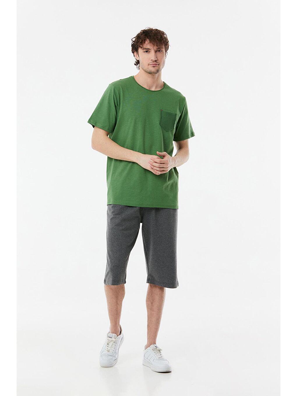 Yeşil Basic Cepli Bisiklet Yaka Tişört-1