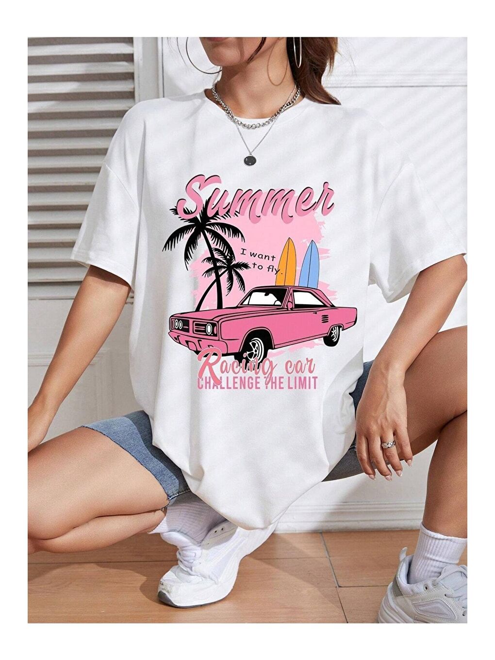 Trendseninle Beyaz Kadın Beyaz Summer Racing Car Baskılı Oversize Tişört