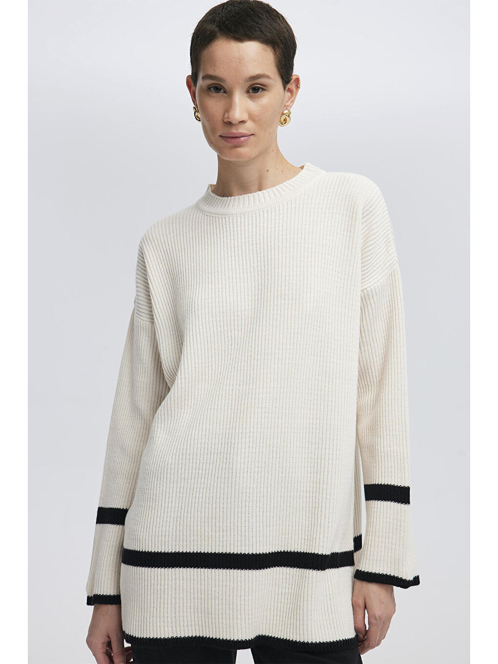 Ekru Çizgi Detaylı Triko Tunik-1