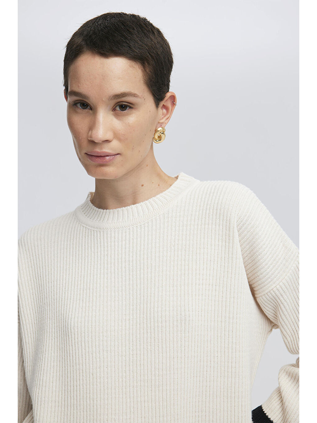 Ekru Çizgi Detaylı Triko Tunik-4